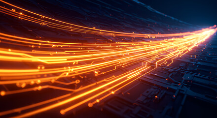 High-Speed Digital Data Flow: Abstract Orange Light Trails on Dark Circuit Background, Technology and Connectivity Concept