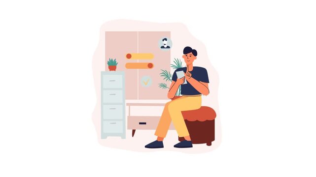 Young Man Relaxing Indoors While Using Smartphone in Minimalist Decor Setting