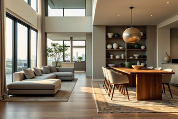 Fototapeta premium A modern, open-concept living and dining area features a large sectional sofa, wooden table with chairs, built-in shelving, and expansive windows overlooking a cityscape.
