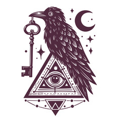 Mystical raven with key in beak, triangle and crescent moon symbols, hand drawn black and white vector icon, isolated for occult design