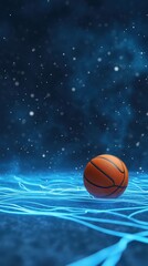 Obraz premium Basketball rests on glowing blue surface, dark background.