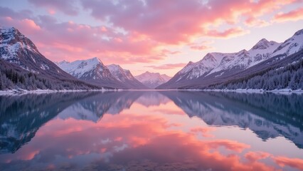 The serene lake reflects snow-capped mountains as a soft pink and orange sunset bathes the landscape in a warm, ethereal glow