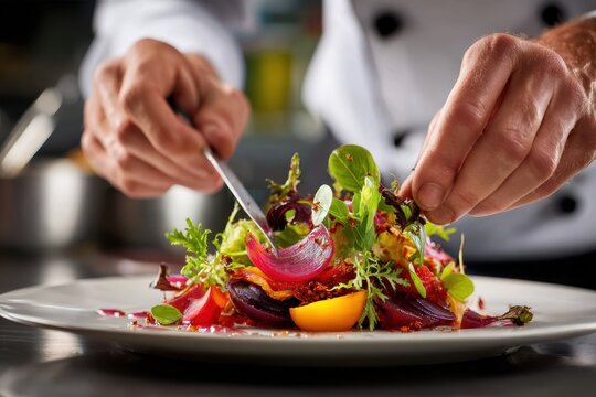 Chef garnishing a vibrant salad with fresh ingredients in a bustling kitchen setting