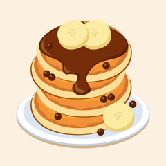 A stack of pancakes with chocolate syrup and banana slices on a plate. Pancake day. Vector illustration