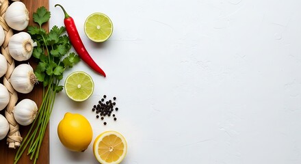 Fresh ingredients for cooking with mushrooms garlic chili pepper lemon and herbs