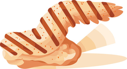 Delicious cartoon croissant pastry, sweet dessert with chocolate drizzle, bakery food illustration, baked goods, tasty breakfast treat, isolated vector design