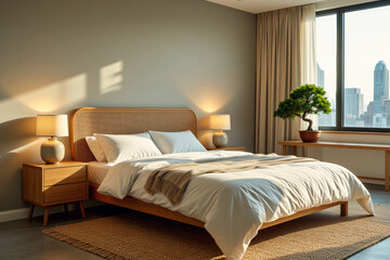 Fototapeta premium Sunlight streams into a modern bedroom, illuminating a rattan headboard bed with soft linens and accentuating the urban skyline visible through a large window.