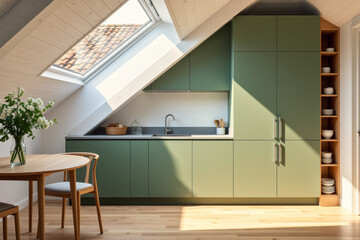Sunlight streams into a modern, minimalist kitchen with green cabinetry and a small dining area featuring a round table and chairs.