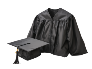 Black graduation gown and cap on white background