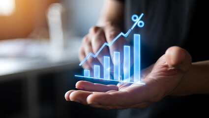 Glowing blue bar graph with upward trend line and percentage symbol business finance