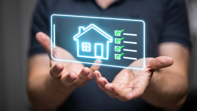Glowing house checklist digital interface held by hands image