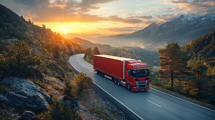 Logistics truck navigating a scenic mountain road at sunset