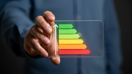 Hand holding transparent screen with colorful energy rating bars and upward arrow image