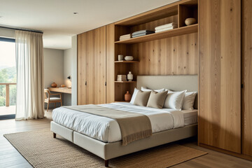 A minimalist bedroom features a built-in wooden wall unit with shelving, a comfortable bed with neutral linens, and a desk overlooking a scenic outdoor view.