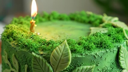 Decorated green cake with moss and leaves