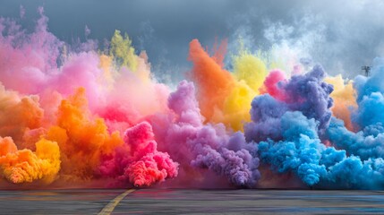 Fototapeta premium Colorful smoke clouds billowing into the sky from a street art performance, blending vibrant hues into the air, creating a dramatic and artistic effect.