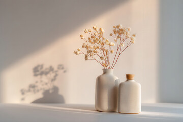 ceramic vase filled with dried flowers rests elegantly against clean white background casting soft shadow