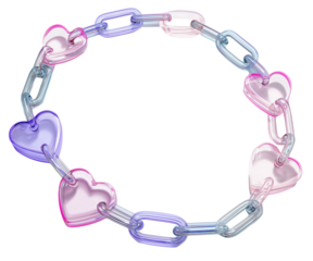 Colorful heart shaped links create playful and vibrant chain necklace, showcasing blend of pink and purple hues. This whimsical accessory adds fun touch to any outfit