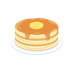 Pancake day. A stack of pancakes with syrup and butter on a plate. Vector illustration
