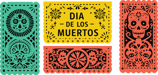 Colorful Papel Picado Banners for Dia de los Muertos Celebration, Traditional Mexican Decoration, Day of the Dead Festival Art