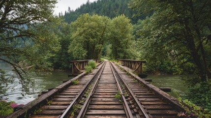 Fototapeta premium Railroad tracks crossing a wooden bridge over a river, with the tracks leading into a lush green forest in the distance