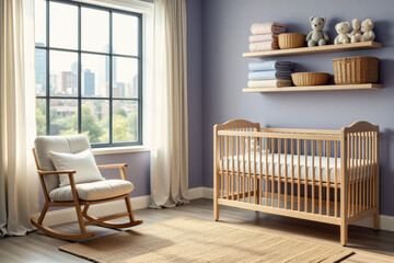 A serene nursery showcases a wooden crib, rocking chair, and shelves adorned with textiles and baskets against a backdrop of city views through a large window.