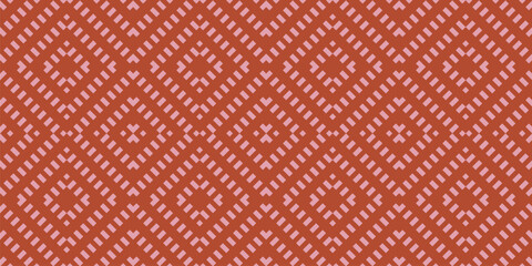 Vector geometric seamless pattern. Modern abstract background with squares, rhombuses, grid, wicker texture. Ethnic folk style ornament. Red and pink color. Repeated retro-inspired decorative design