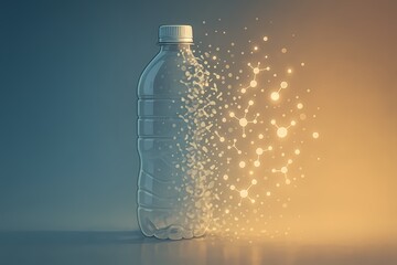 Illustration of a plastic bottle disintegrating into molecules, symbolizing PET biodegradation and eco-friendly decomposition technologies.