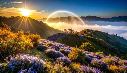 Sunrise Over Mountain Lavender Fields with Fogbow