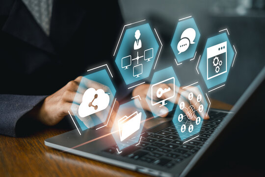 Visual representation of a digital intranet with icons and a laptop, symbolizing modern business communication.