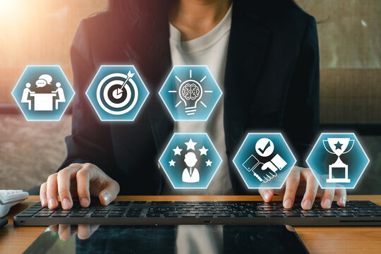 Business consulting concept with icons representing strategy, innovation, and teamwork.