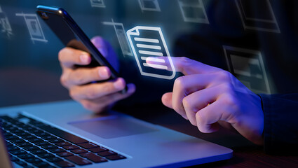 Person holding smartphone interacting with digital document icon over laptop hand