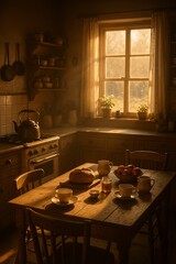 Cozy kitchen with wooden table set for breakfast in warm sunlight  