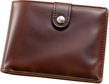 Detailed shot of a closed brown leather wallet with a metallic snap closure