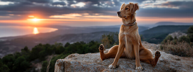 Realistic photo of a dog doing yoga on a mountaintop at sunset