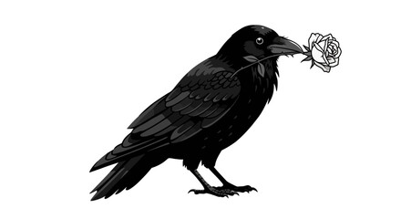 Fototapeta premium Vector Illustration of Raven Holding a Rose – Black and White Gothic Line Art Design