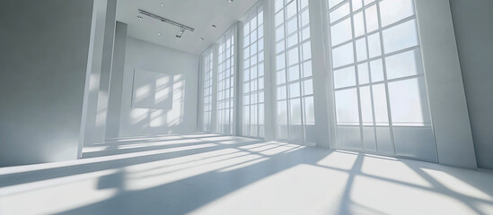 Obraz premium A bright, airy white room featuring large windows that cast soft shadows on the floor, creating a spacious, minimalist environment ideal for text placement or product display.