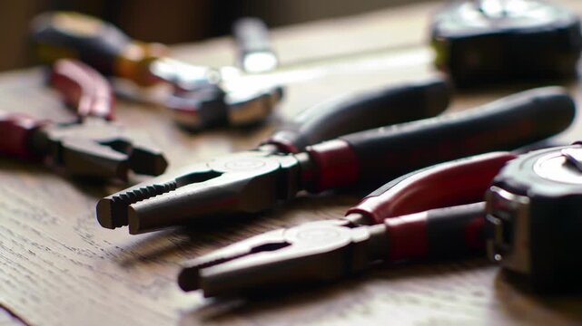 Assorted tools on a wooden surface