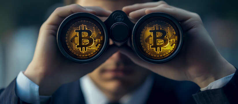 A businessman looks through binoculars, with the Bitcoin symbol in the lens, set against a vibrant bokeh background,