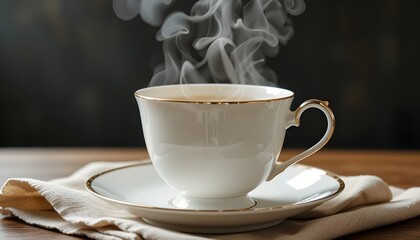 Elegant porcelain teacup with steam, placed on a linen napkin