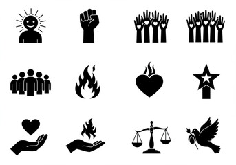 Collection of black icons representing positive concepts and social justice