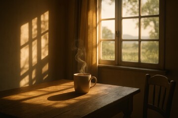 Steam rising from coffee cup on wooden table by sunny window  