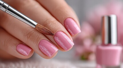 Detailed view of a hand being decorated with pink glitter nail polish using a brush, showcasing beauty and manicure care.
 