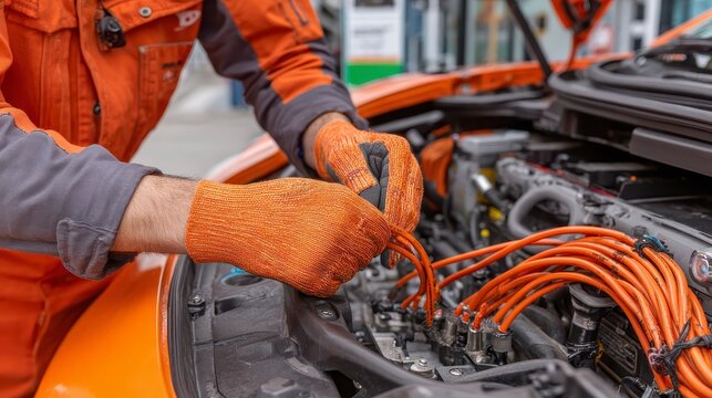 Close-up of a mechanic in safety gloves repairing orange high-voltage cables inside the engine compartment of an electric car.
- Powered by Adobe
