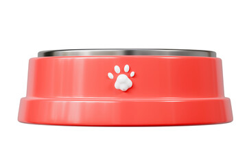 3d pet bowl icon. Dog food dish concept. Minimal cartoon red feeding bowl with paw print for pet shop isolated on white transparent background. 3d render