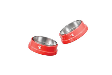 3d pet bowl icon. Dog food dish concept. Minimal cartoon red feeding bowl with paw print for pet shop isolated on white transparent background. 3d render