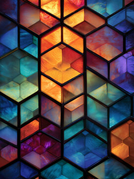 Vibrant pentagonal stained glass window with deep blues, emerald greens, ruby reds, golden yellows, violet purples, and amber oranges. Rich, saturated colors with seamless mosaic pattern