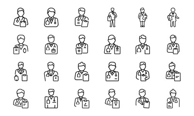 Obraz premium Medical Healthcare Line Art Icons Collection: Syringe, Stethoscope, Hospital Equipment, Organ, and Doctor Symbols with Outline Style and Subtle Glow