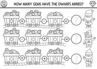 How many gems black and white game with dwarf. Fairytale math addition activity or coloring page. Fantasy printable counting worksheet for kids with wooden carts with stones, rails, gnome