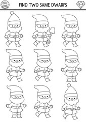 Find two same dwarfs. Fairytale black and white matching activity for children. Magic garden or forest quiz worksheet for kids for attention skills. Printable game or coloring page with cute gnome
